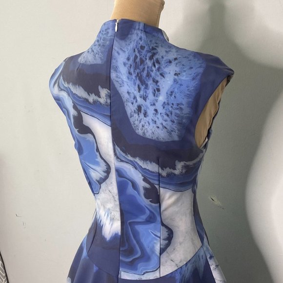 cameo Blue Marble Daydreaming Mini Dress Fit & Flare Cap Sleeves Mock Neck Small - Picture 11 of 12
